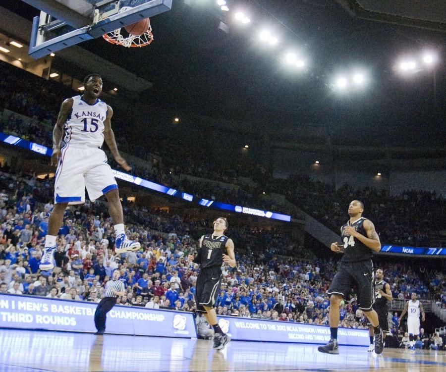 Kansas Jayhawks guard Elijah Johnson (15) celebrates a break-away dunk against the Purdue Boilermakers in Sundays third-round NCAA mens basketball tournament action on March 18, 2012 at the CenturyLink Center in Omaha, Nebraska. (Shane Keyser/Kansas City Star/MCT)