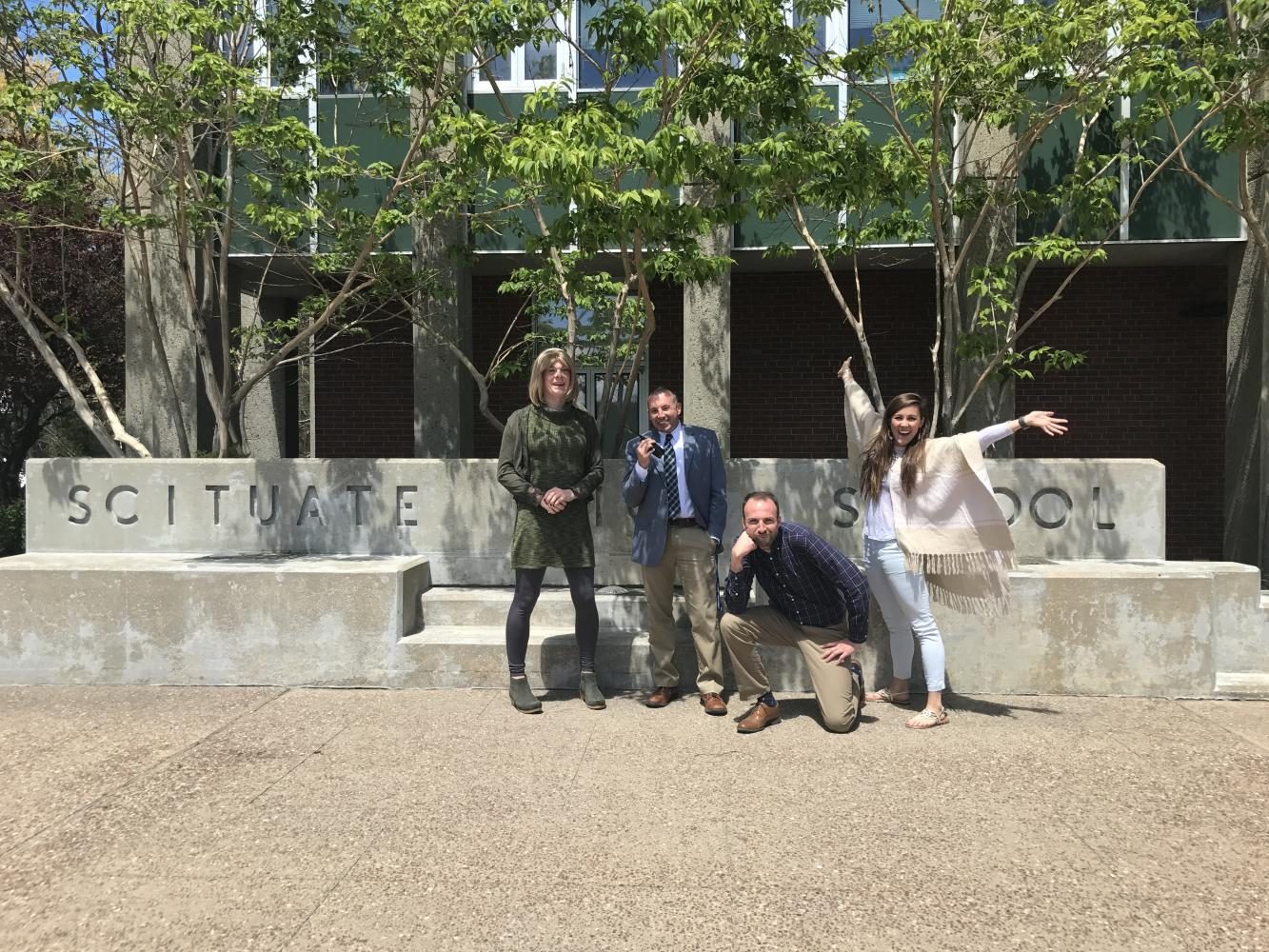 From Left to right: Casey Kimball, Brian Duffey, Michael Matisoff, and Kelsey Olander in front of SHS. Photo courtesy of Christina Pelletier.