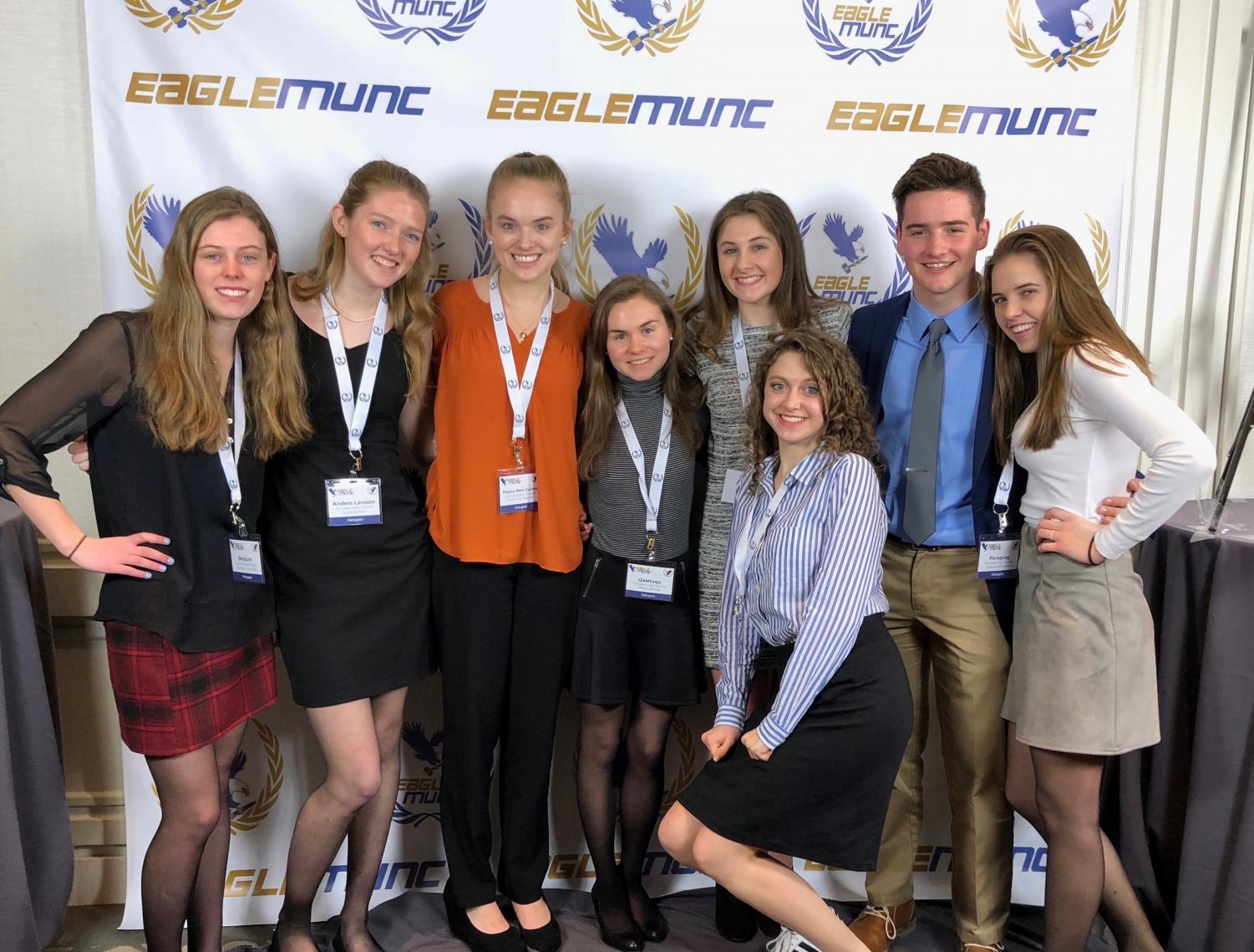 SHS juniors Maddyn McDonald, Grace Sullivan, Stephanie Murphy, Abby LaBreck, Annie Sullivan, Grace Oliveri, Micheal O'Keefe and Kat English at BC MUN. Photo Courtesy of Kat English.