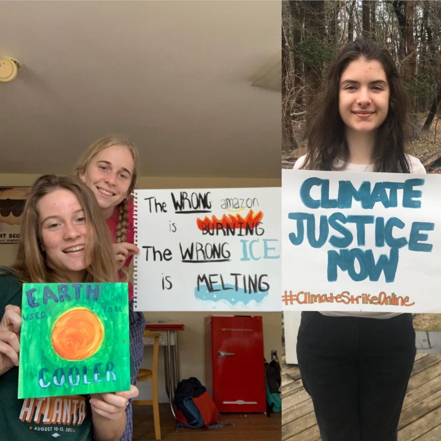 On Friday, March 20, Cleo Belber, Nadia Belber, and Maeve Lawler (left to right) joined the #ClimateStrikeOnline
