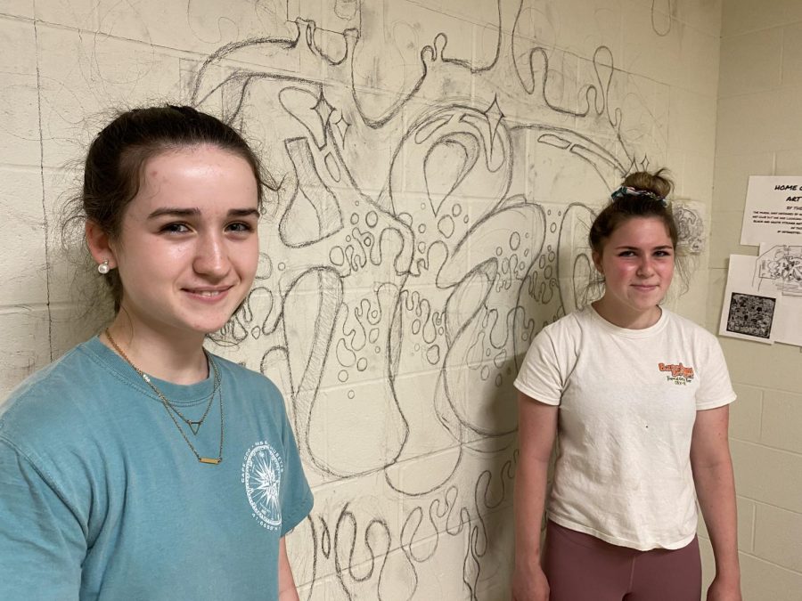 Fiona Hanley (left) and Ciara Hughes (right) work to outline the new art wing mural