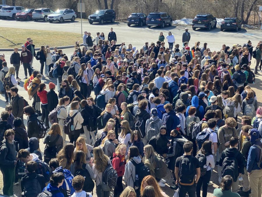 Students and teachers gathered in the SHS bus loop to protest anti-queer legislation