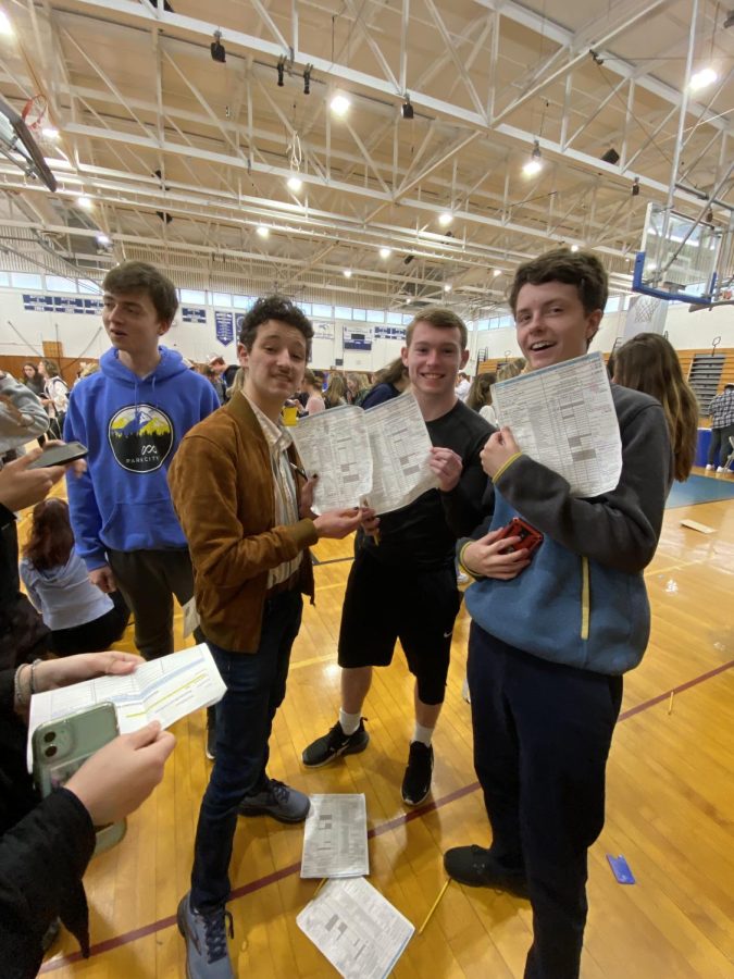 SHS juniors  (left to right) Charlie Holden, John Driscoll, David Murphy, and Matthew  Carolan hold up their Credit for Life score sheets. 