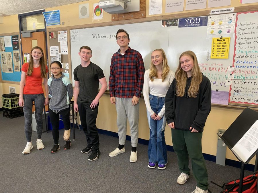 Pictured from left to right, this year's Voice of Democracy speech contestants: Tricia Gibbons, Adeline Oliver, David Murphy, Victor Bowker, and Taylor MacFaden. Anna Kelly (far right) organized the event at SHS. 