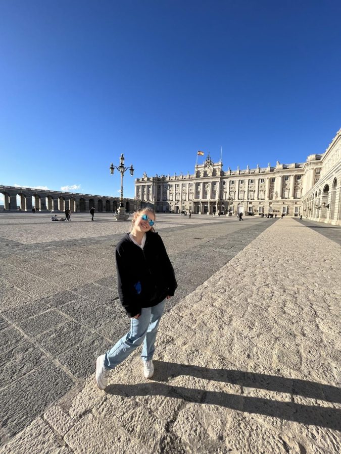SHS senior Anna Kelly poses in front of the royal palace of Madrid, Spain