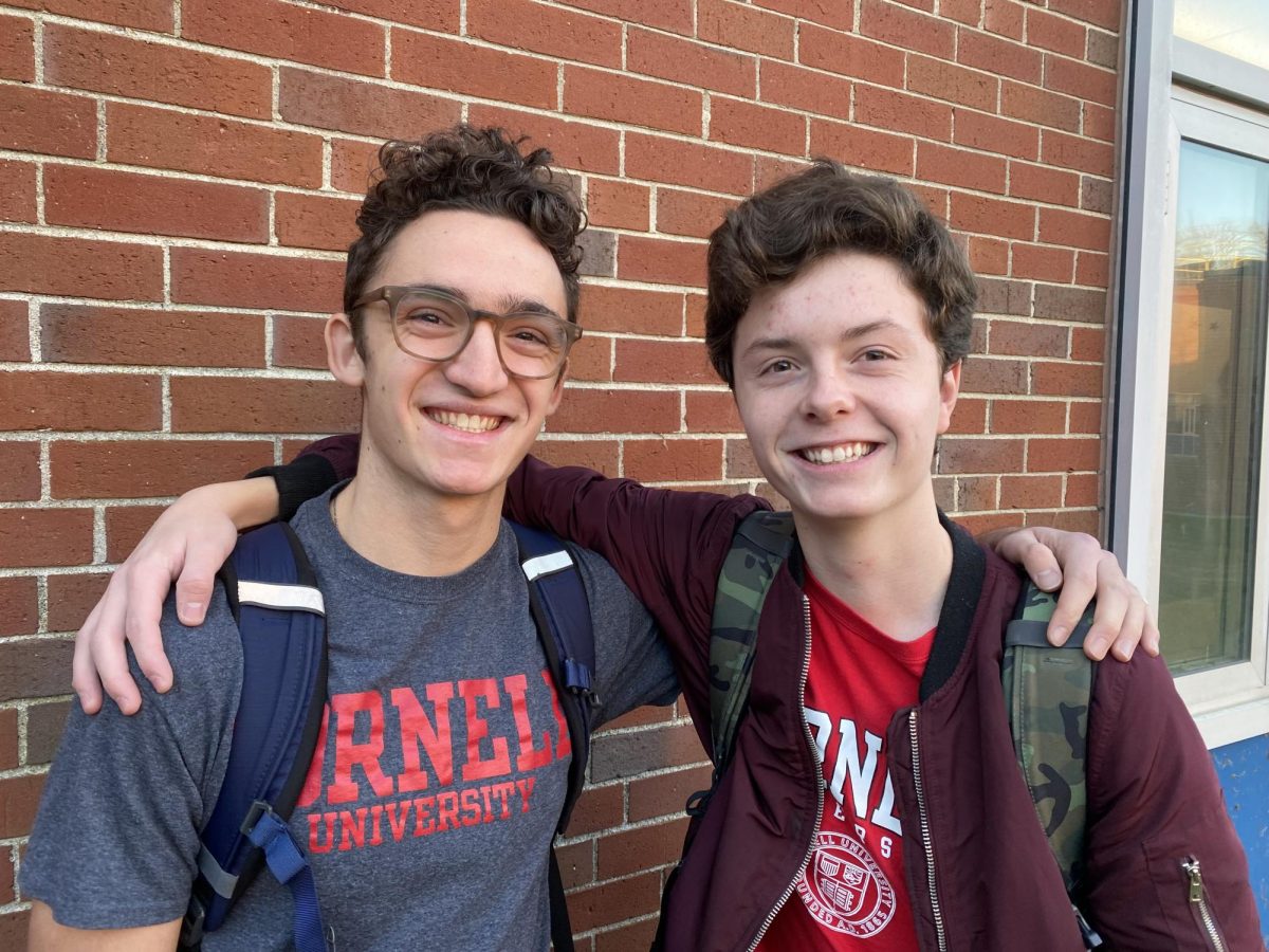 SHS seniors Max Allen and Matthew Carolan smile as they share the news of their early decision acceptance to Cornell University