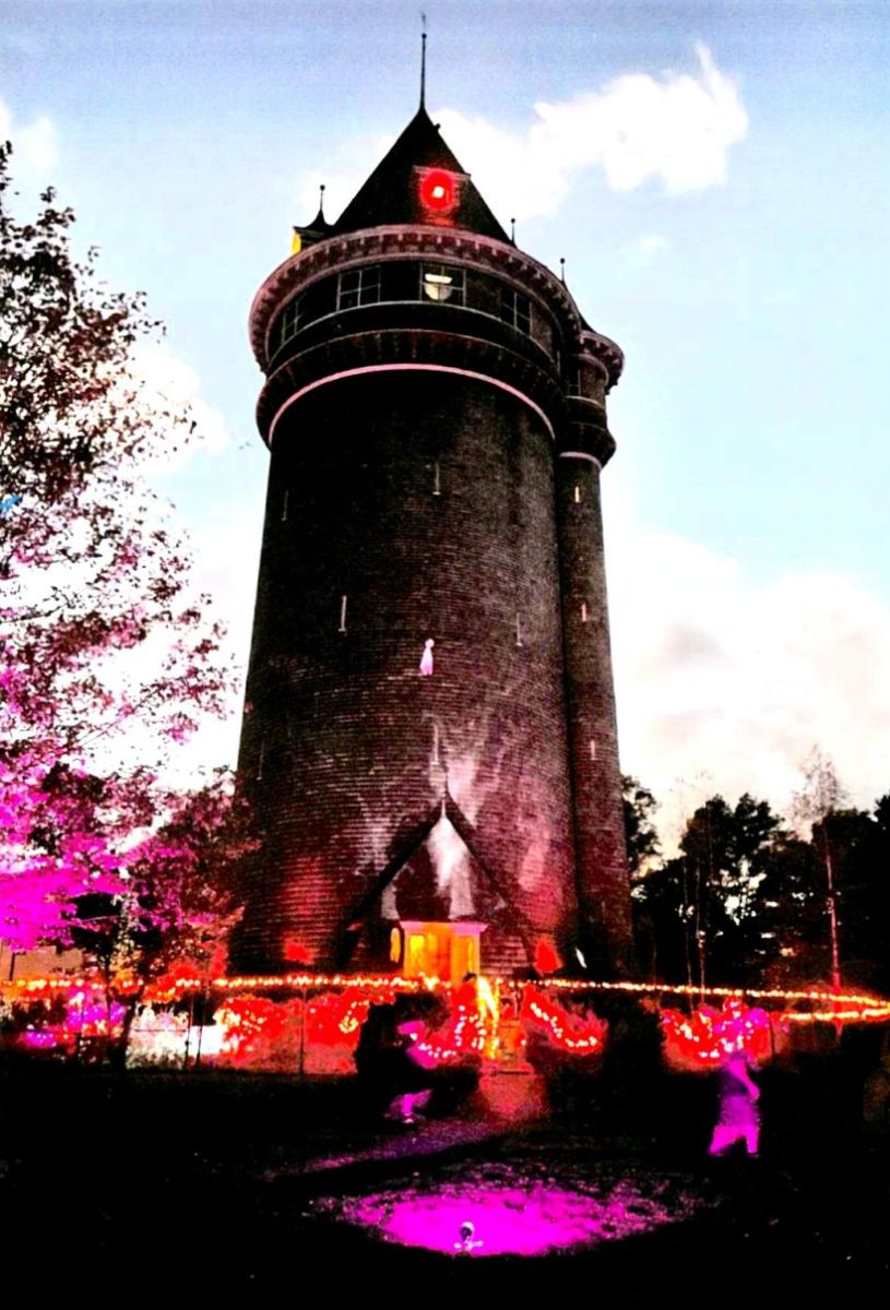 The lights of Lawson Tower during a Halloween light show.