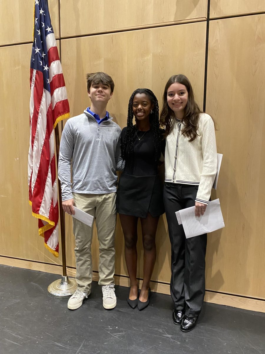 Top three winners of the 2024 Voice of Democracy contest from left to right: Mason Alvarez, Ruth Collins, and Anzhelika Khadzhem
